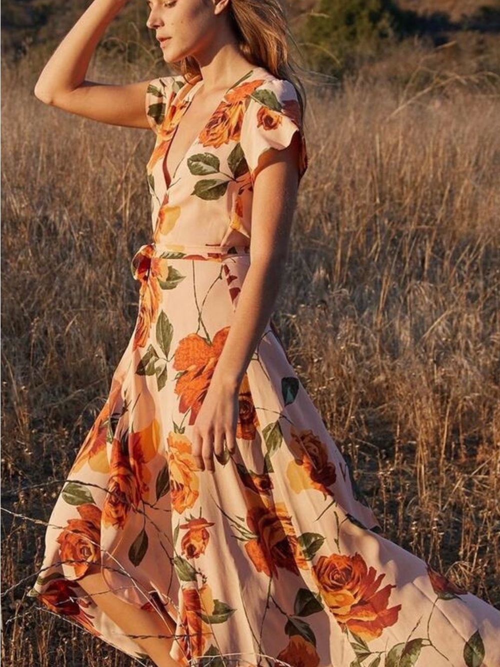 Christy Dawn the Autumn maxi wrap peach floral Dress size XS.